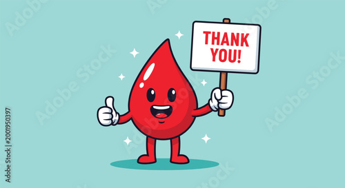 Cute Cartoon Blood Drop Mascot Giving a Thumbs Up and Holding a Thank You Sign.
