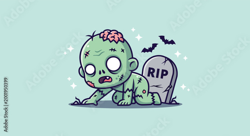 Cute cartoon baby zombie crawling next to a tombstone.