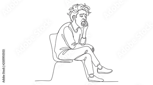 Tired Man Yawning While Sitting on a Chair, Continuous Line Drawing Illustration of Exhaustion and Fatigue