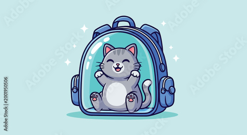 Cute Cartoon Cat Sitting Inside a Transparent Bubble Backpack Carrier.