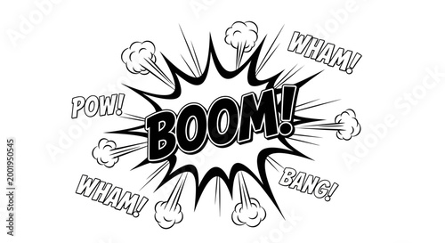 Comic book explosion with sound effects.