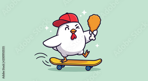 Cute cartoon chicken character riding a skateboard and holding a fried chicken drumstick.