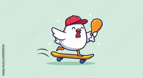 Cute cartoon chicken character skateboarding while holding a fried chicken drumstick.