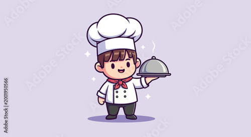 Cute Cartoon Chef Character Holding a Silver Serving Tray with Dome Lid Illustration.