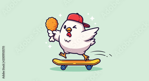 Cute cartoon chicken character riding a skateboard and holding fried chicken.