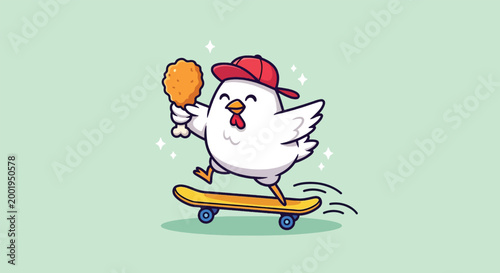 Cute cartoon chicken riding a skateboard and holding a fried chicken drumstick illustration.