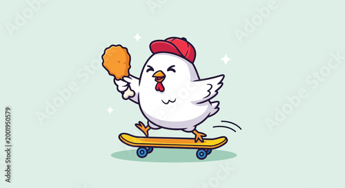 Cute Cartoon Chicken Riding a Skateboard While Holding a Piece of Fried Chicken.
