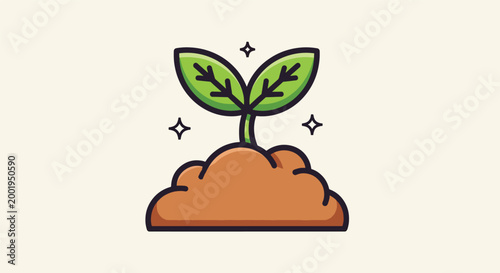 Cute cartoon illustration of a green plant sprout growing from brown soil with sparkles.