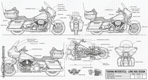 Tableau sur toile Detailed Motorcycle Blueprint Technical Drawing.