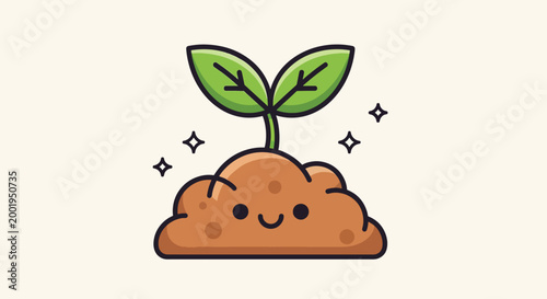 Cute cartoon sprout growing in soil icon illustration.