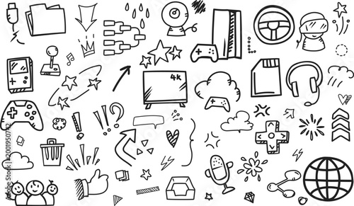 Horizontal Gaming Gear and Controller Doodle Background