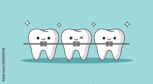 Cute Cartoon Teeth with Braces vector illustration.