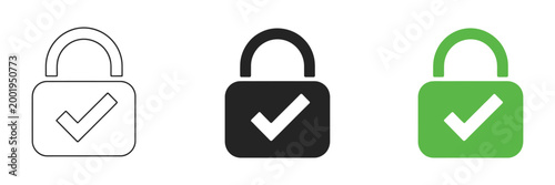 Lock check icon, security verification symbols, approved protection graphics, access validation concept, vector illustration