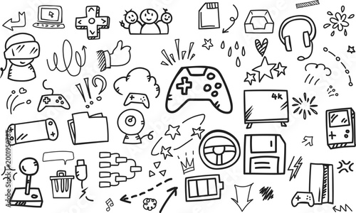 Horizontal Gaming Gear and Controller Doodle Background