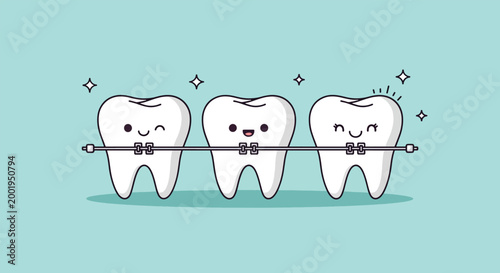 Cute cartoon teeth with braces illustration.