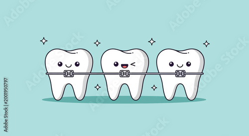 Cute cartoon teeth with metal braces vector illustration.
