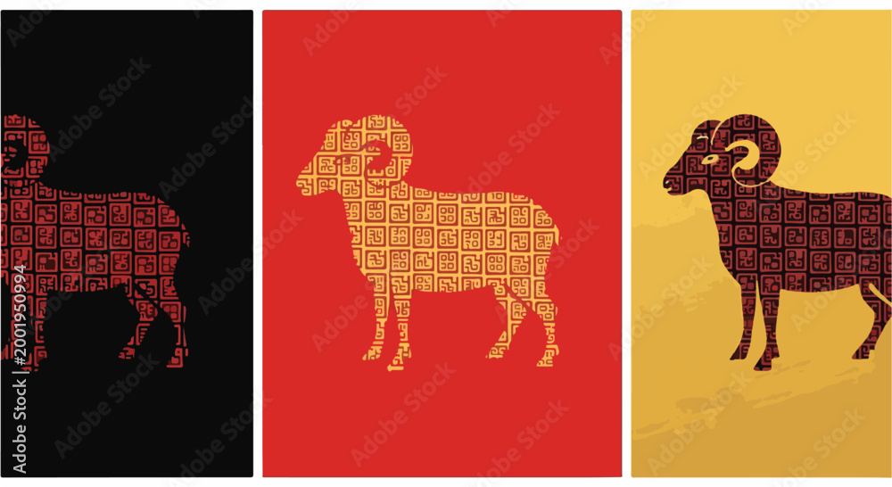 Fototapeta premium Stylized ram graphic illustration with intricate pattern detail on black red and gold backgrounds