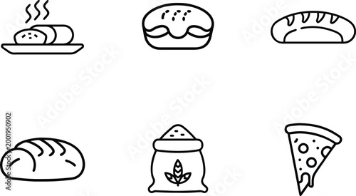 Bakery and Pastry Line Icon Set with Fresh Bread, Pizza, and Flour Sack
