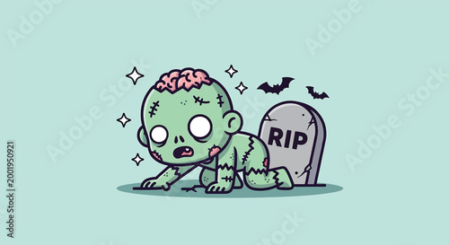 Cute cartoon zombie baby crawling out of a grave.