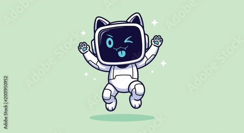 Cute Cat Robot Character Jumping with Joy.