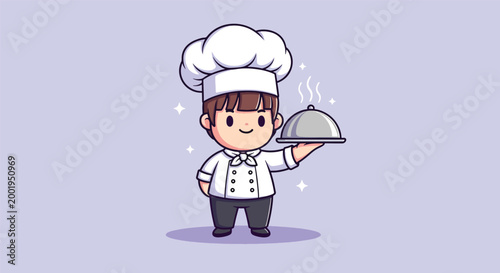 Cute Chibi Chef Character Holding a Silver Serving Tray Platter.