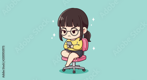 Cute chibi girl with glasses sitting on a pink office chair using her smartphone.