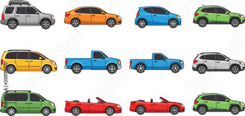 Side view cars collection with various vehicle types including sedan suv pickup and convertible colorful transport vector illustration set isolated on white