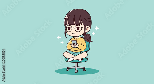 Cute girl sitting on office chair playing with phone.