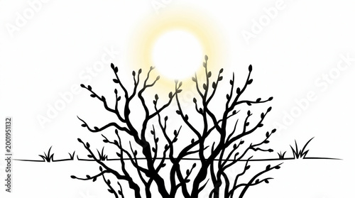 Minimalist black silhouette of a shrub against a glowing sun