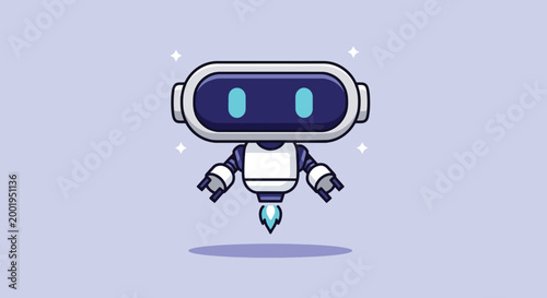 Cute flying robot character with blue glowing eyes and jet thruster vector illustration.