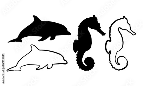 Set of dolphin and seahorse silhouettes in solid and outline styles isolated on light background.