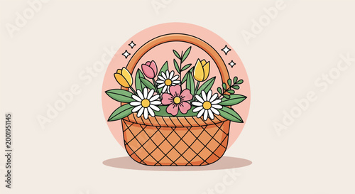 Cute Illustration of a Wicker Basket Filled with Spring Flowers.