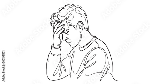 Hand-drawn illustration depicting a man feeling overwhelmed and stressed, with his head in his hands, representing despair, frustration, and mental health challenges