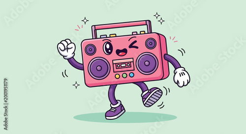 Cute Pink Boombox Character Dancing with Joy.