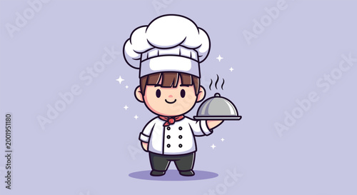 Cute Little Chef Boy Holding Food Platter Vector Illustration.