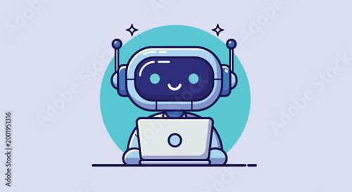 Cute Robot Character Using Laptop Computer Flat Vector Illustration.