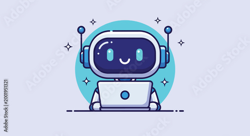 Cute Robot Working on Laptop with Sparkles.