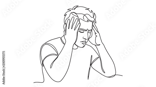 Continuous line drawing of a man holding his head in pain, illustrating suffering and distress