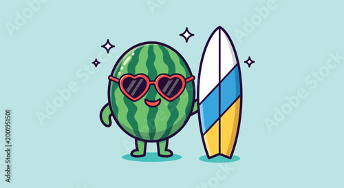 Cute Watermelon Character with Sunglasses and Surfboard vector illustration.