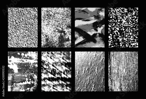 Abstract Halftone Grunge Texture Collection. Overlay texture stamps, distressed halftone backgrounds with scratches, paper grain, stone patterns, cracks, concrete. Vector overlay textures set