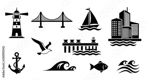Collection of nautical and city icons in black silhouette.