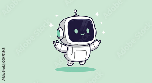 Cute white cartoon robot character floating on a light green background.