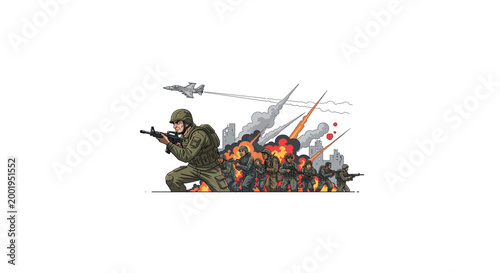 Foto Group of soldiers advancing in combat with explosions and military aircraft in background