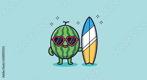 Cute Watermelon Character with Sunglasses and Surfboard.