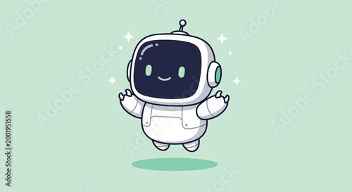 Cute white robot character floating on light green background.