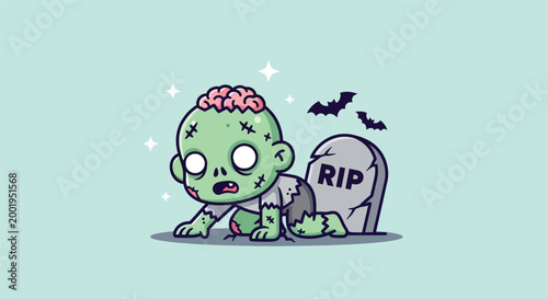 Cute Zombie Baby Crawling Out of Grave with Bats.