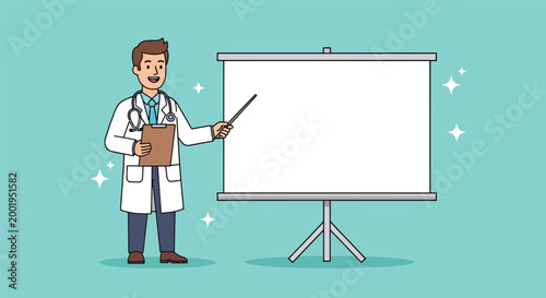 Doctor presenting information on a blank whiteboard.