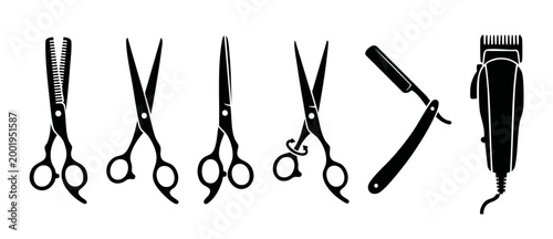 Barber Hairdressing Tools Collection Silhouette Set for Salon Professional Use. Scissors, thinning shears, straight razor and electric hair clipper icons isolated on white background for design graphi