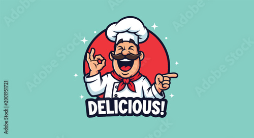 Happy Cartoon Chef Mascot Logo with Mustache and OK Hand Gesture and Delicious Text.