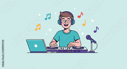 Happy male DJ wearing headphones and using a professional mixer with laptop and microphone vector illustration.